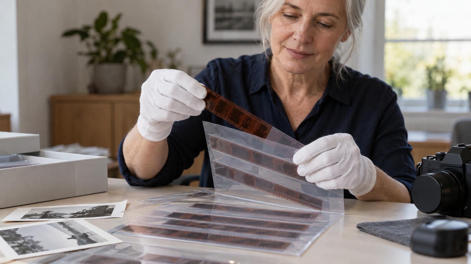 Behandschuhte Hand schiebt einen Negativstreifen in eine Archivhülle, Abzüge liegen am Rand