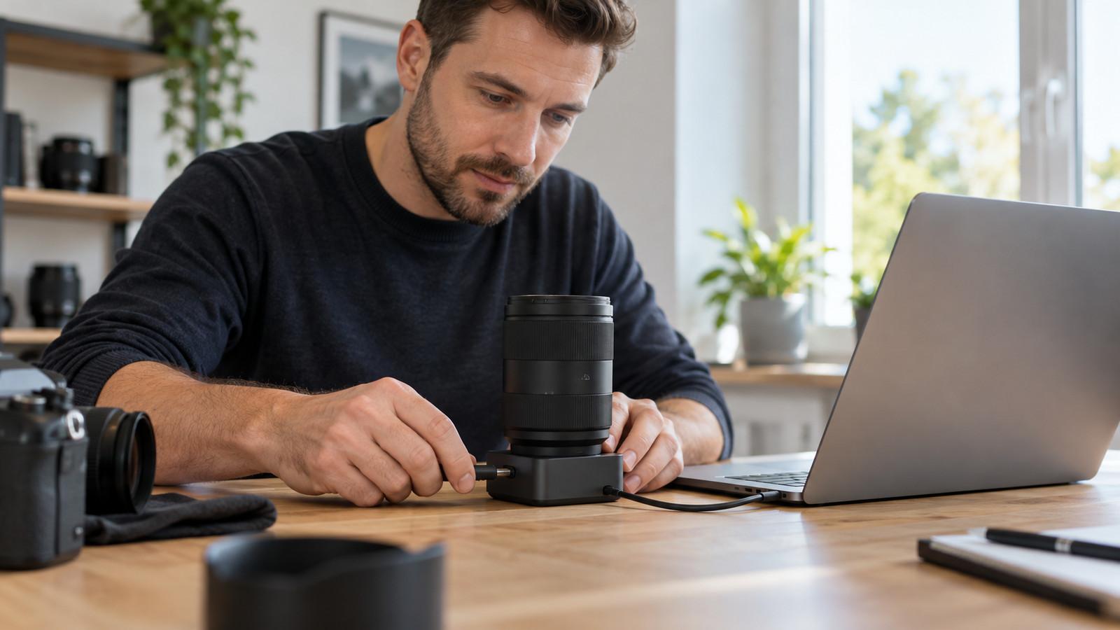 Person verbindet ein abgenommenes Objektiv per Datenkabel mit einem Laptop für das Update des Herstellers.