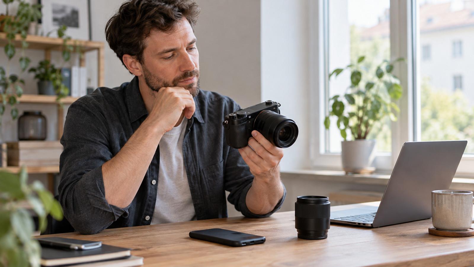Smartphone und separate Kamera nebeneinander auf einem Tisch