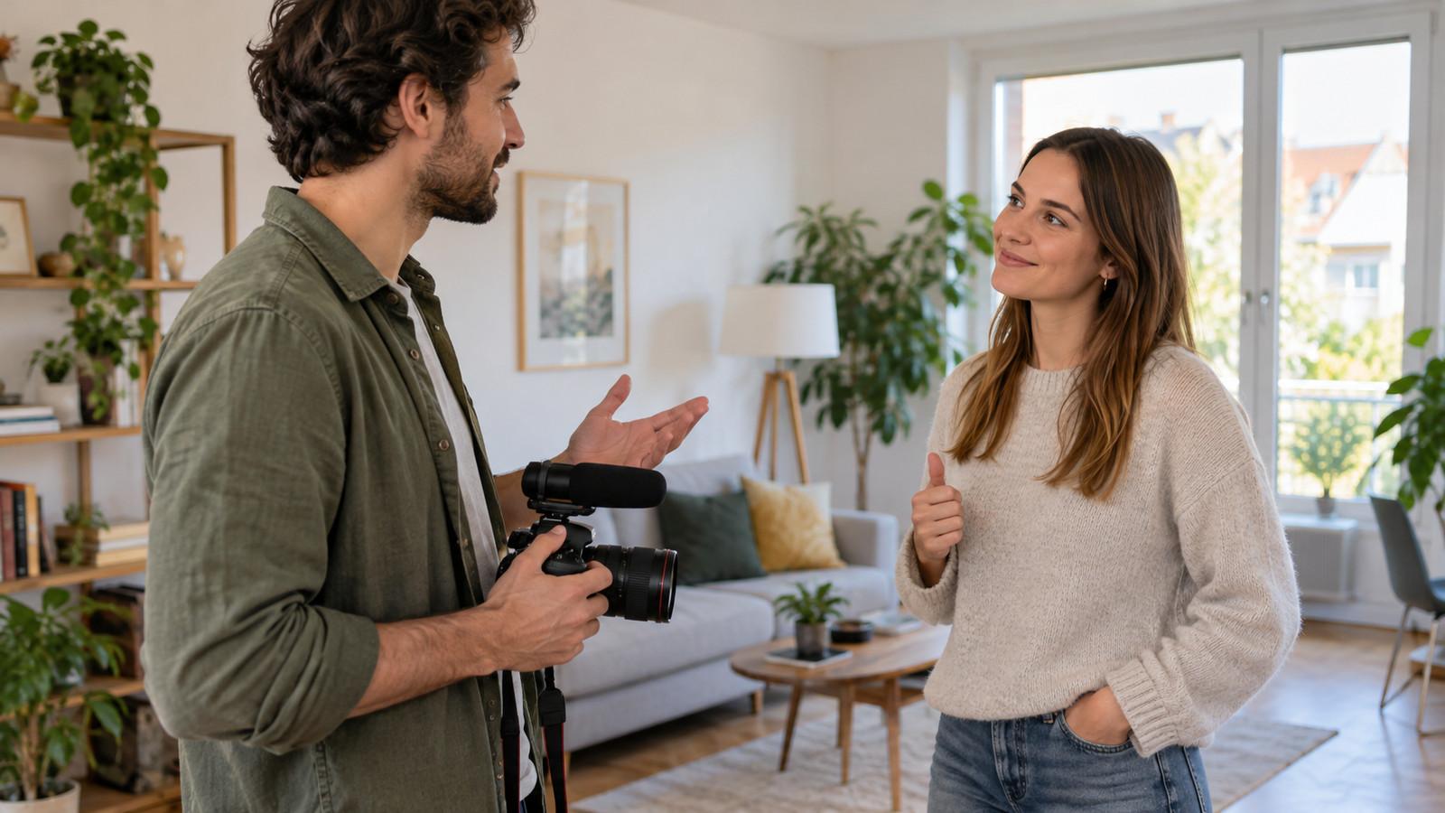 Eine filmende Person klärt vor einer Aufnahme die Einwilligung