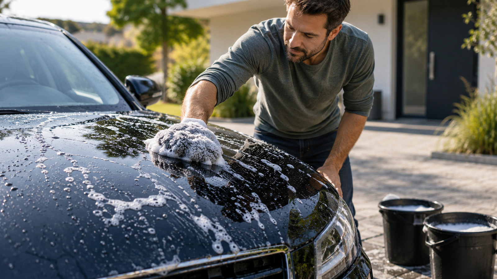Handwäsche einer dunklen Motorhaube mit Waschhandschuh neben zwei Eimern