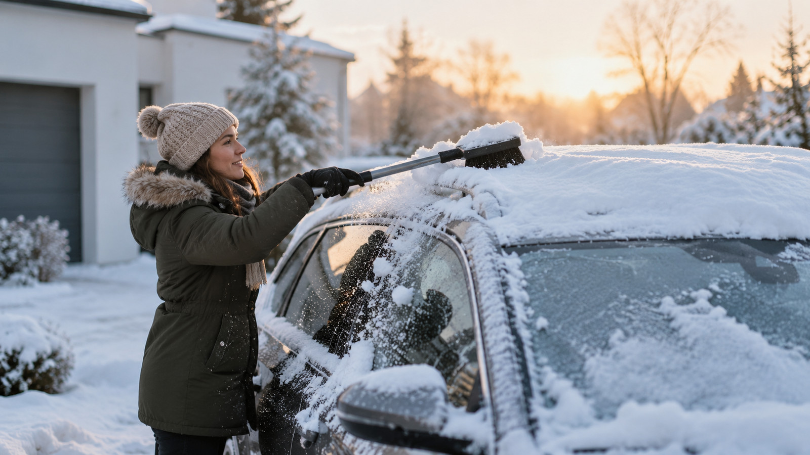 Winterlicher PKW mit Schneedecke auf dem Dach – vor Fahrtantritt freimachen