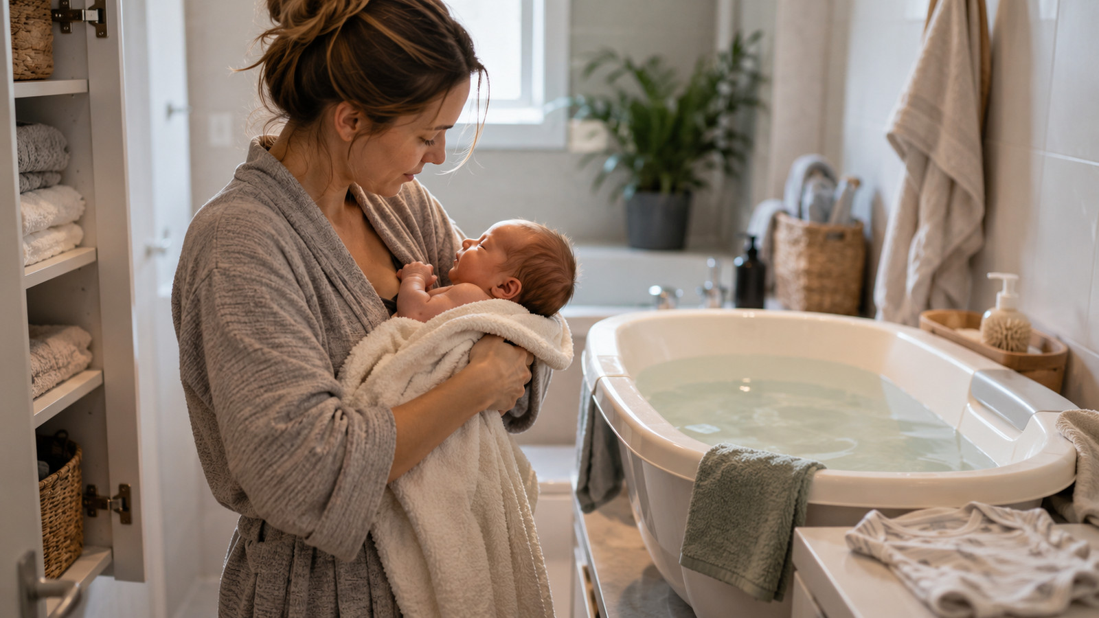 Handtuch, Waschlappen und Bodysuit neben einer gefüllten Babybadewanne