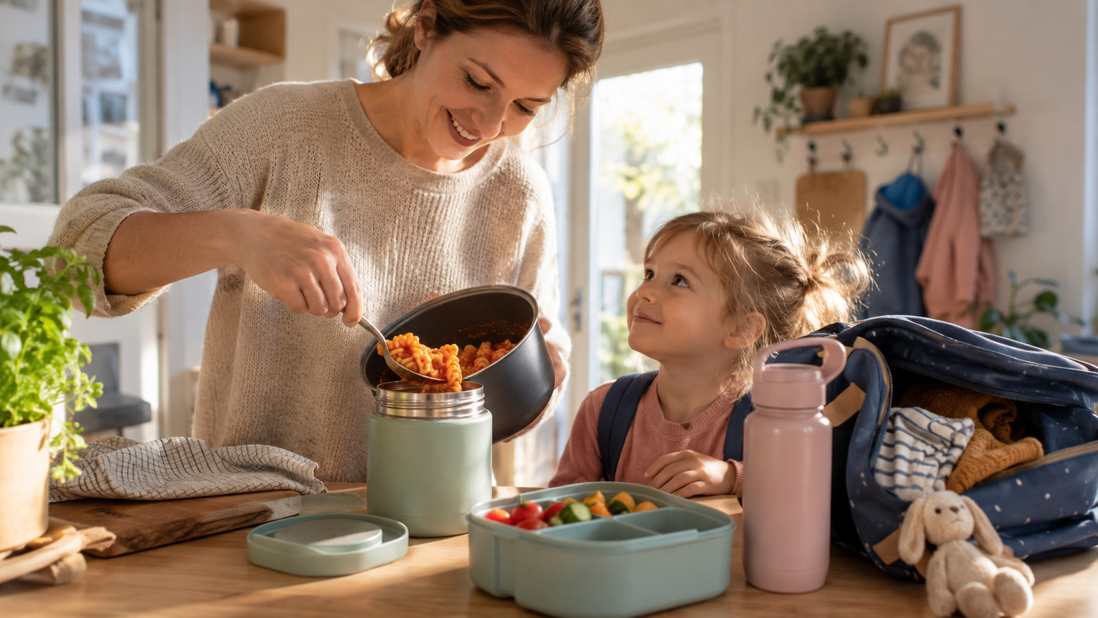 Thermobehälter für Kinder neben Brotdose und Trinkflasche im Kita-Rucksack