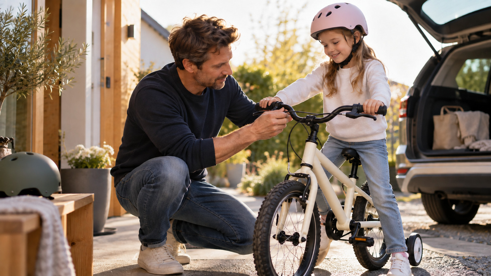 Eltern prüfen Größe und Bremsen am 16-Zoll-Kinderfahrrad vor dem ersten Ausflug