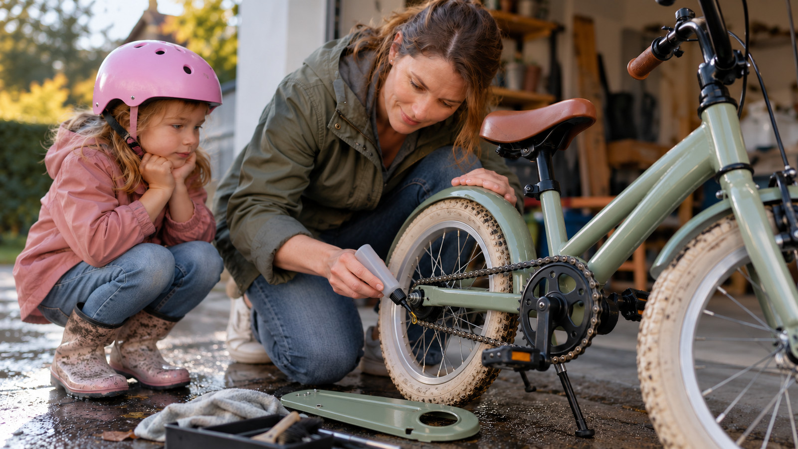 Elternteil schmiert die Kette am 16-Zoll-Kinderfahrrad und prüft den geschlossenen Kettenkasten