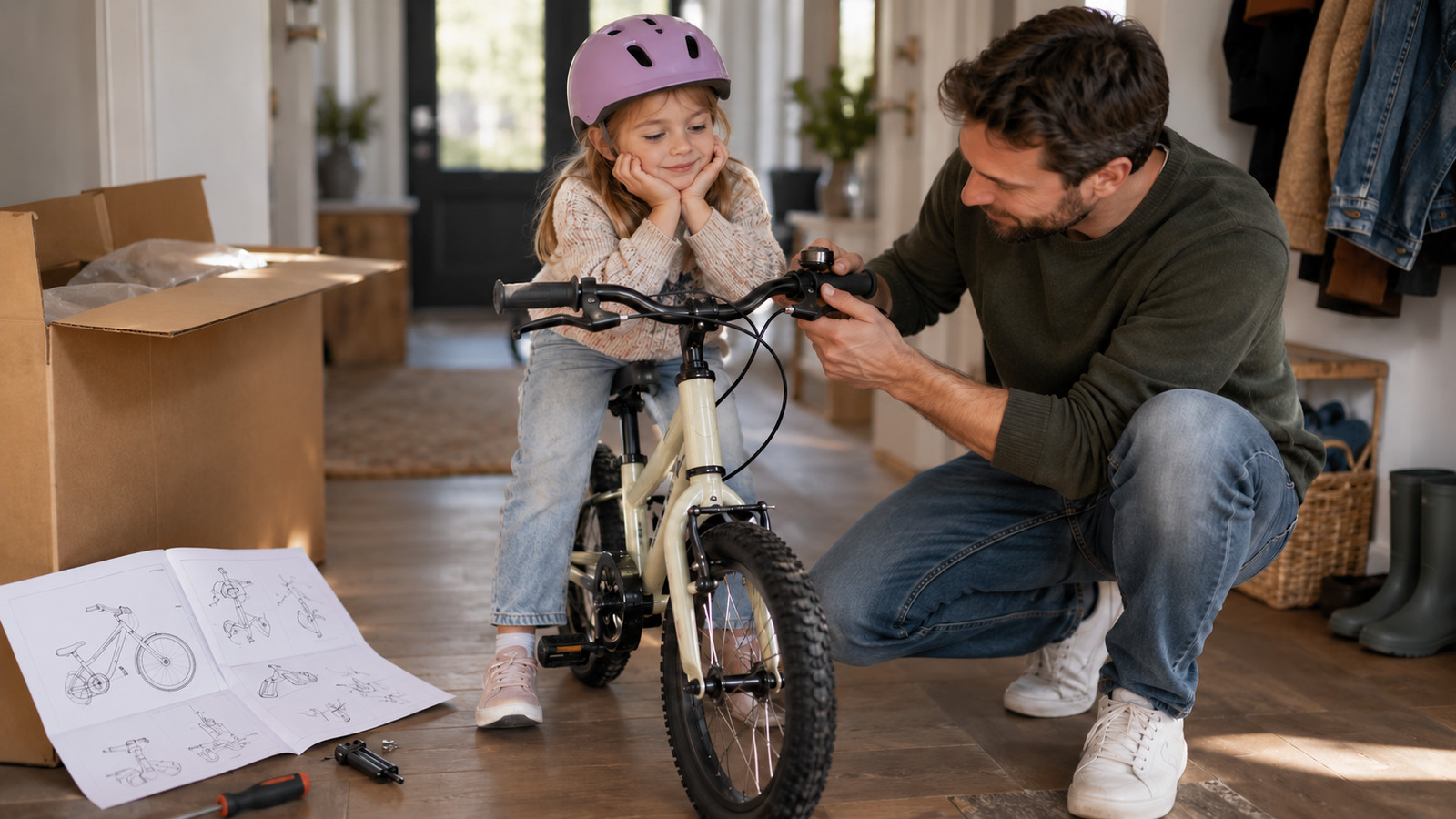 Elternteil prüft Lenker und Bremsen am frisch aufgebauten 16-Zoll-Kinderfahrrad nach der Karton-Lieferung