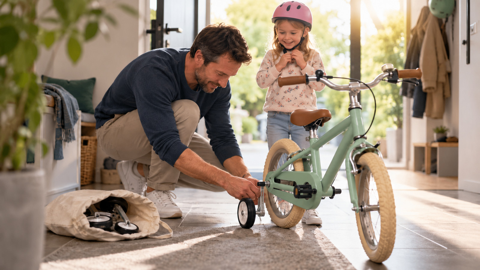 Elternteil stellt die Höhe der Stützräder an einem 16-Zoll-Kinderfahrrad auf dem Hof ein