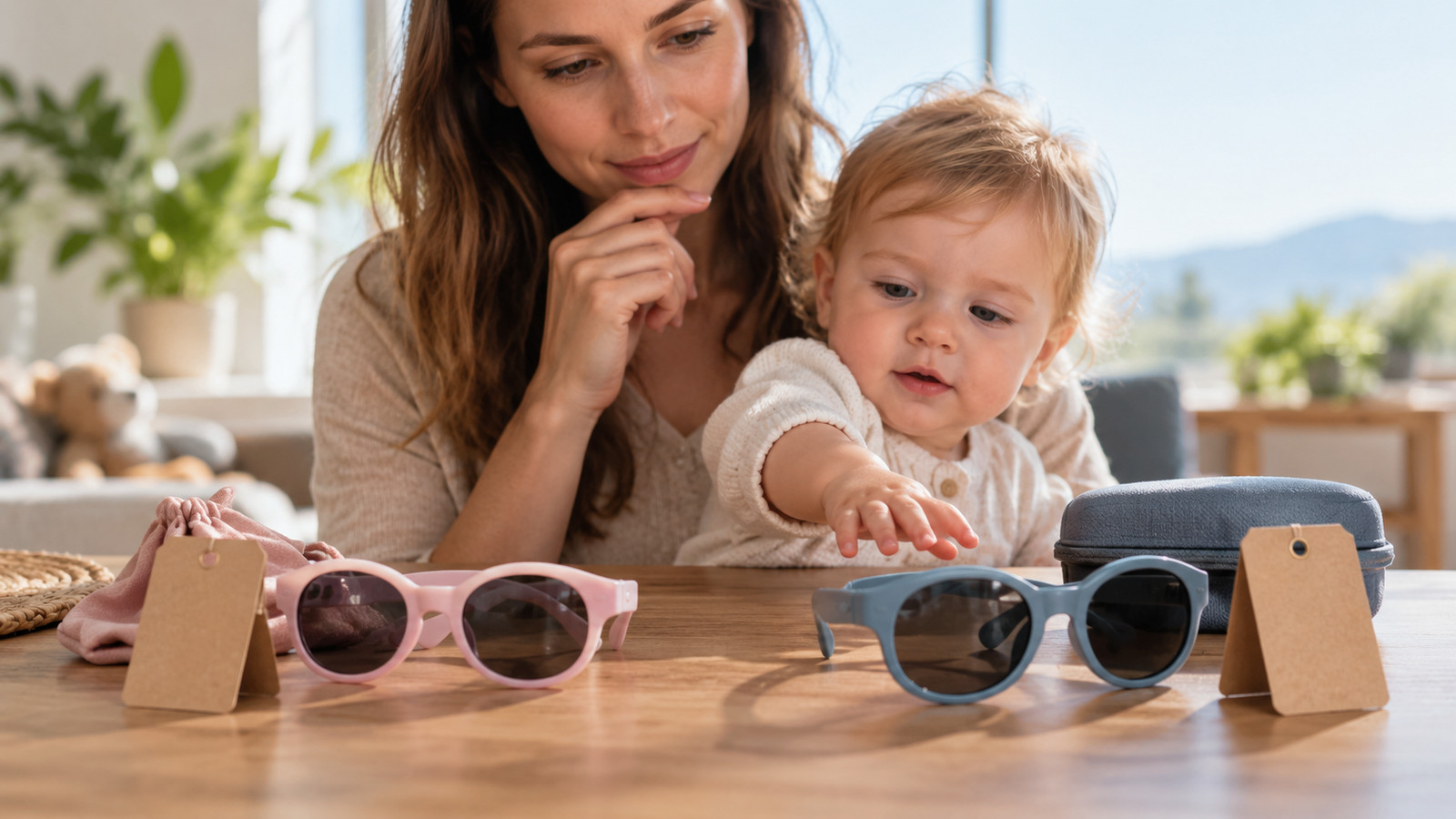 Baby-Sonnenbrille neben Preisschild und Etui