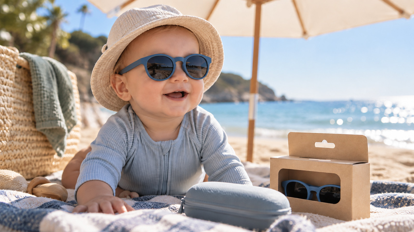 Polarisierte Baby Sonnenbrille am Strand: UV zuerst