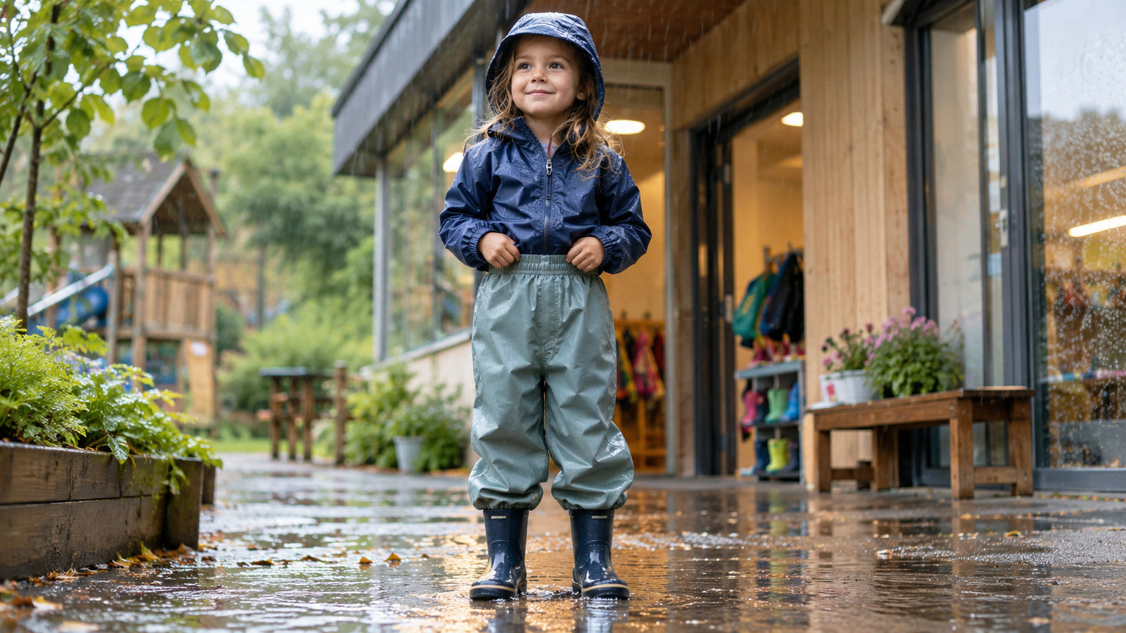 Kind mit Regenhose und Gummistiefeln im Regen