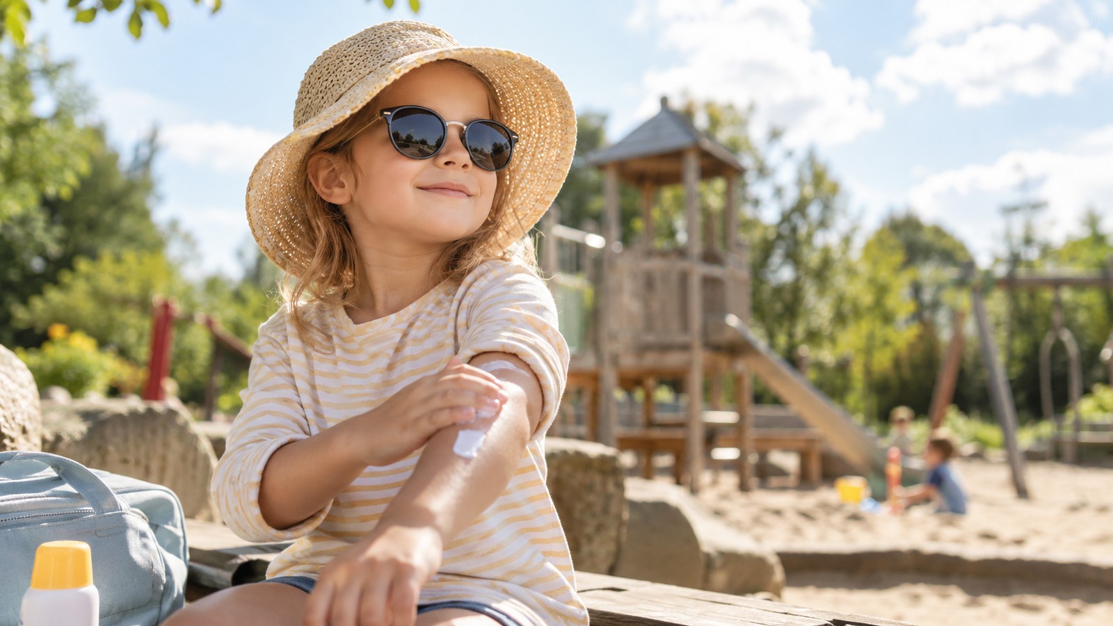 Kind mit Hut und Sonnenbrille im hellen Freien