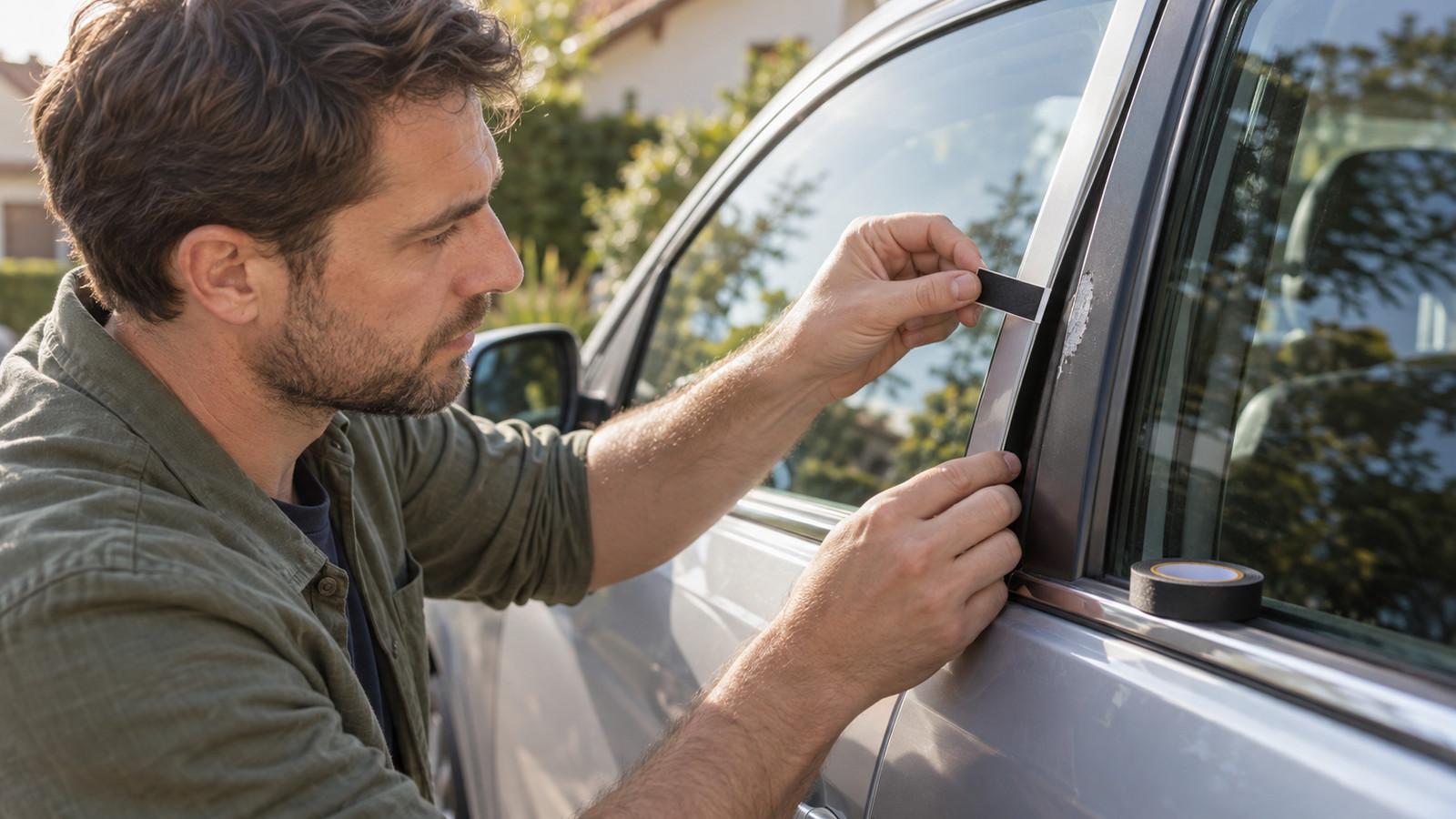 Doppelseitiges Montageband an einer Autoscheibe neben einer Zierleiste auf Lack