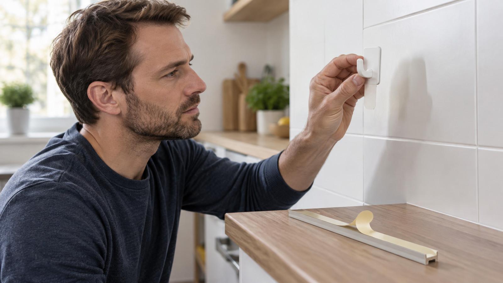 Ein Haken mit Klebestreifen neben einer Zierleiste mit Schaumstoffband an einer gefliesten Wand