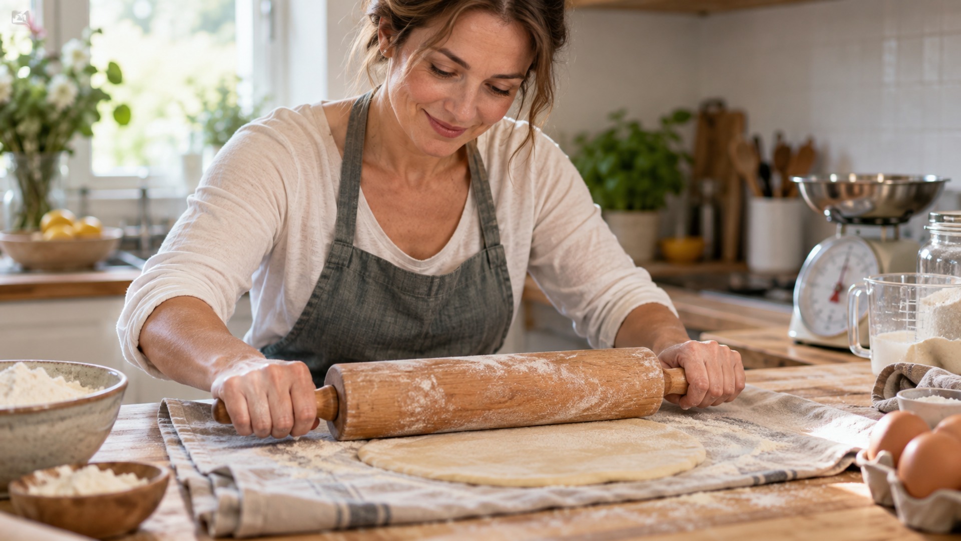 Bäckerleinen mit Teiglingen und Nudelholz auf bemehlter Arbeitsfläche