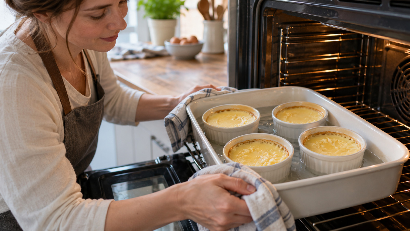 Crème brûlée geronnen im Wasserbad