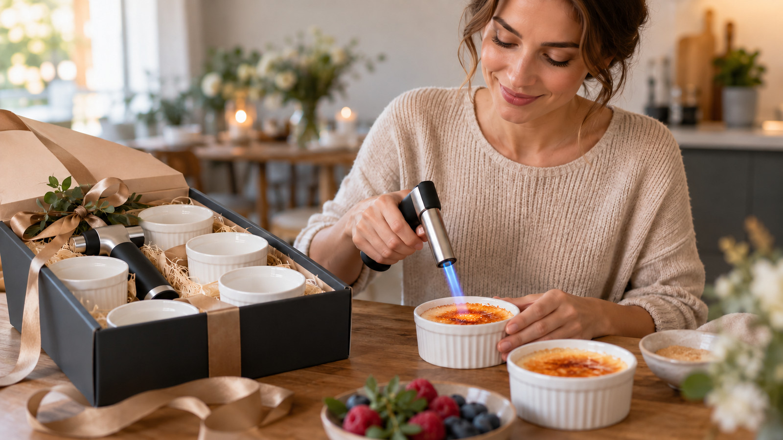 Geschenkfertig verpacktes Crème-brûlée-Set mit Porzellanförmchen und Flambierbrenner