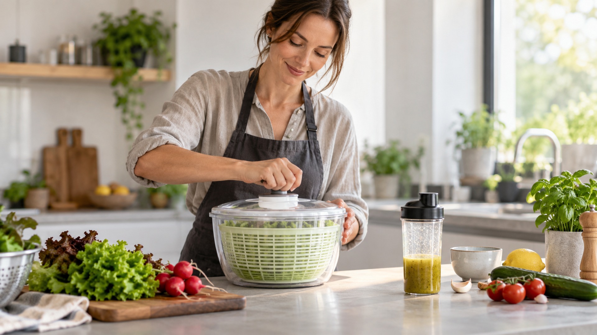 Salatschleuder mit frischem Blattgemüse und Putztensilien auf der Arbeitsfläche