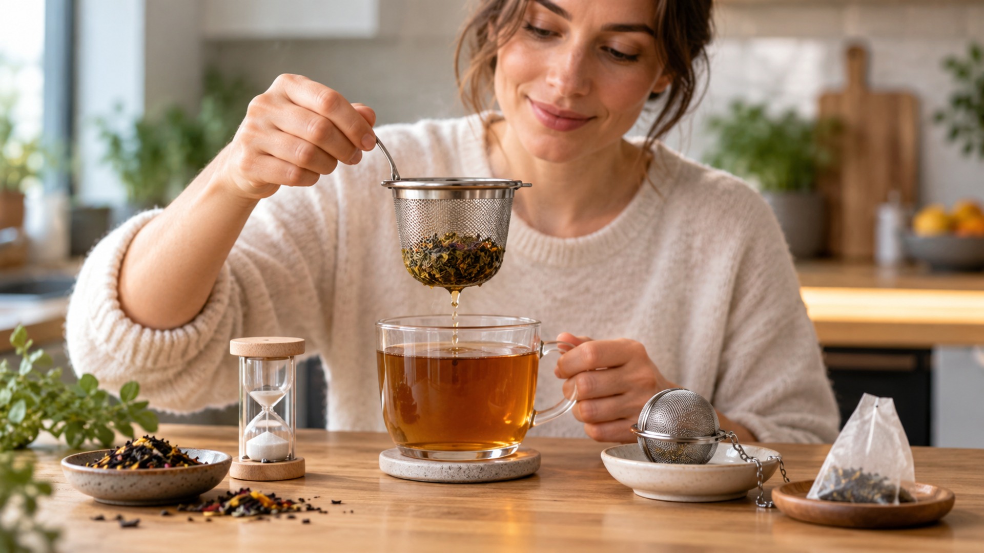 Teetasse mit losem Tee, Sieb, Tee-Ei und Beutel auf der Arbeitsfläche