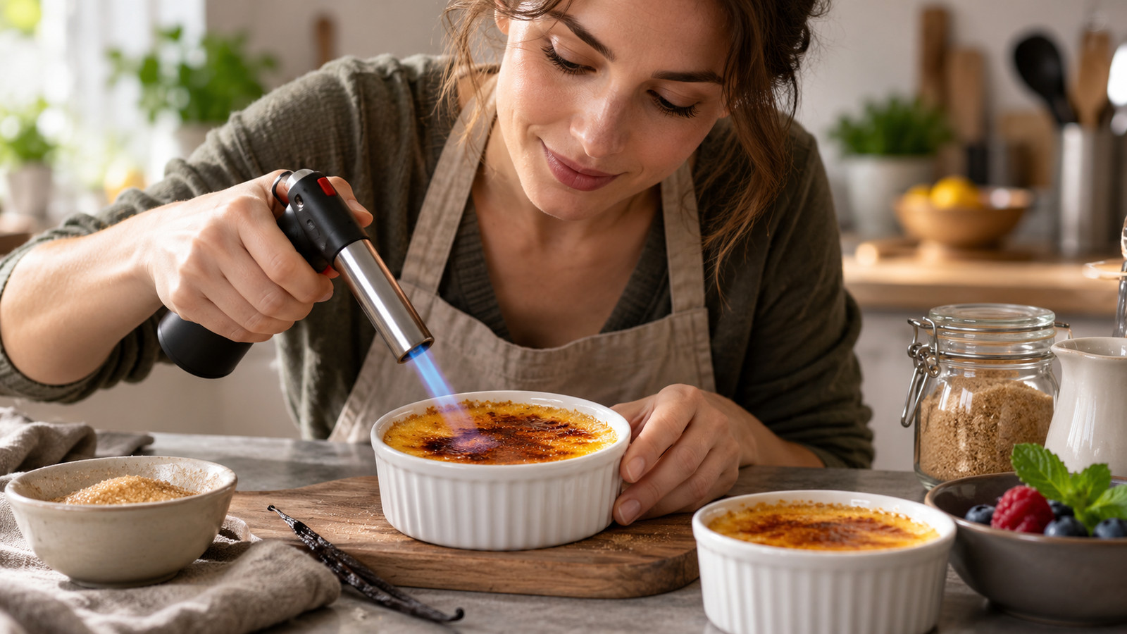 Crème brûlée mit frisch karamellisierter Zuckerschicht im Porzellanförmchen