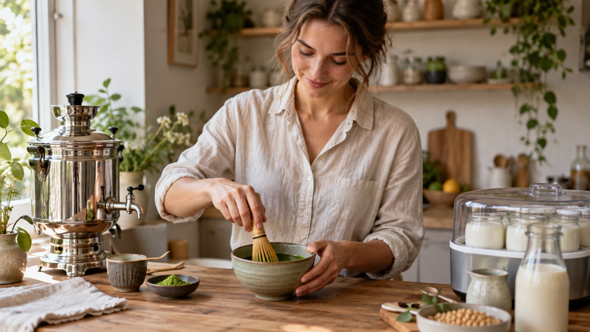 Person schlägt Matcha und stellt Joghurtkultur an