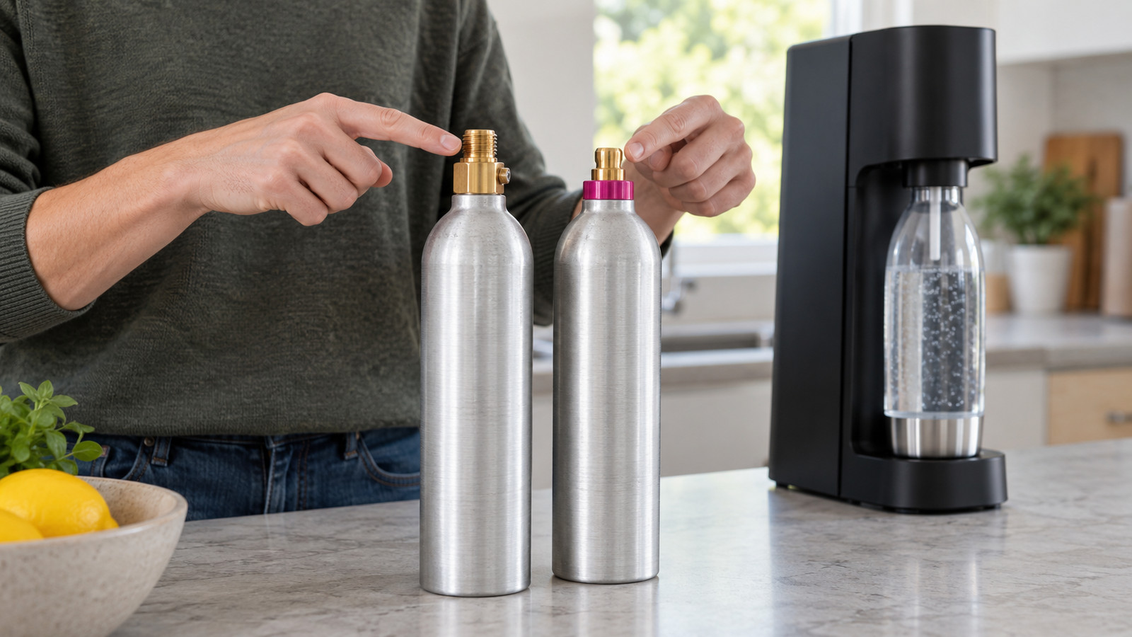 Schraubzylinder und pinker Quick-Connect-Zylinder neben einem Wassersprudler