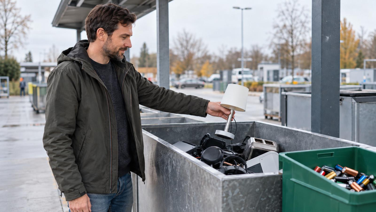 Defekte Akku-Tischleuchte neben Batteriebox und Elektroaltgeräte-Behälter am Wertstoffhof