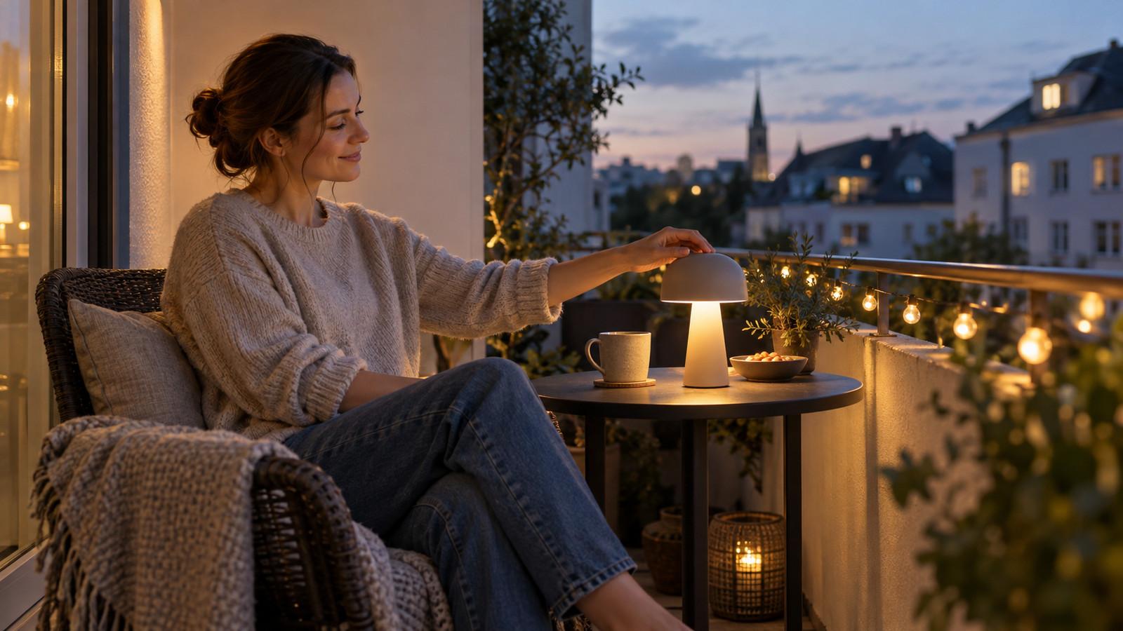Überdachter Balkon mit Akku-Tischlampe auf dem Tisch und Lichterkette am Geländer