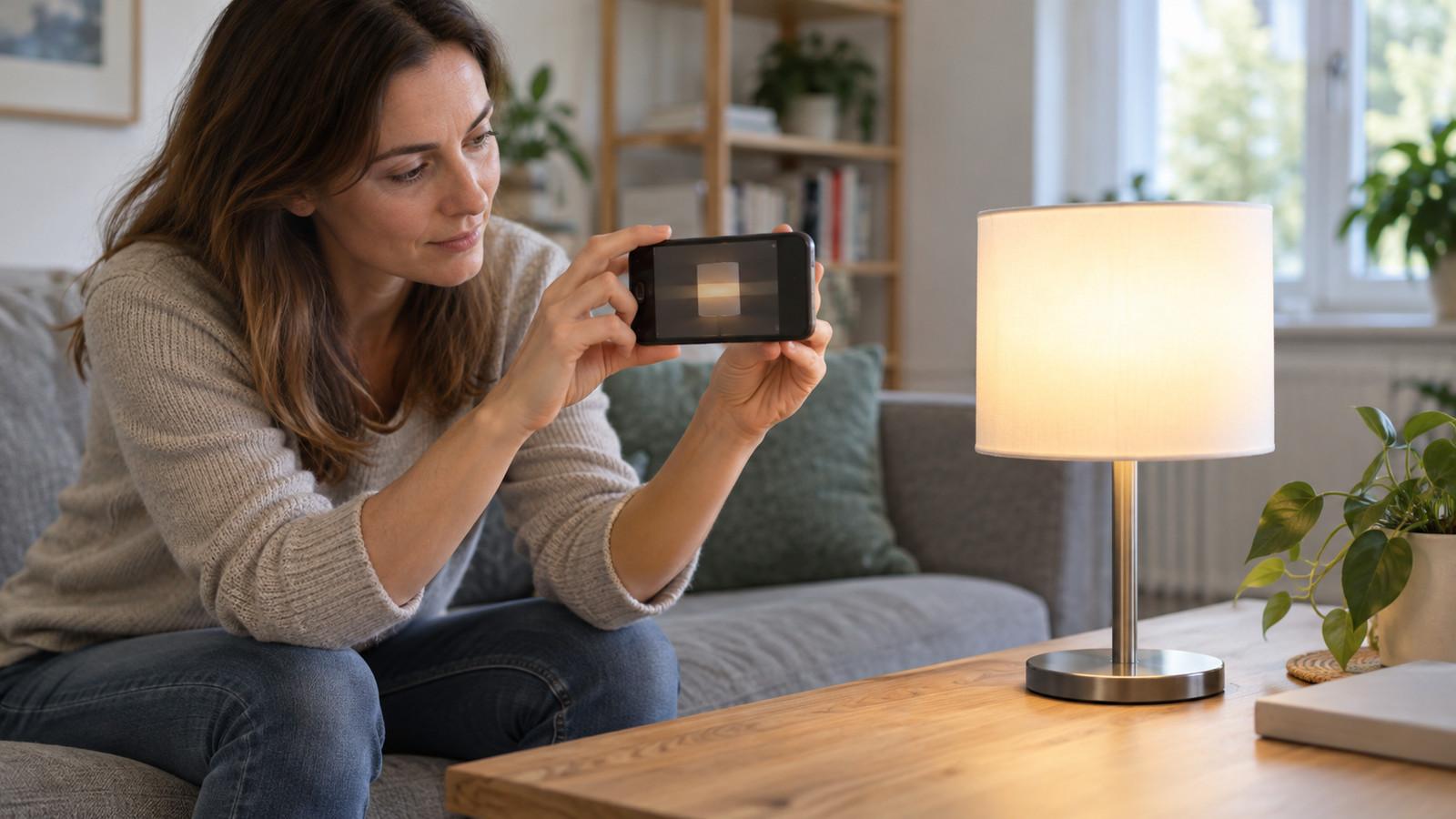 LED-Tischlampe und Smartphone-Sucher mit Hell-Dunkel-Streifen am Wohnzimmertisch