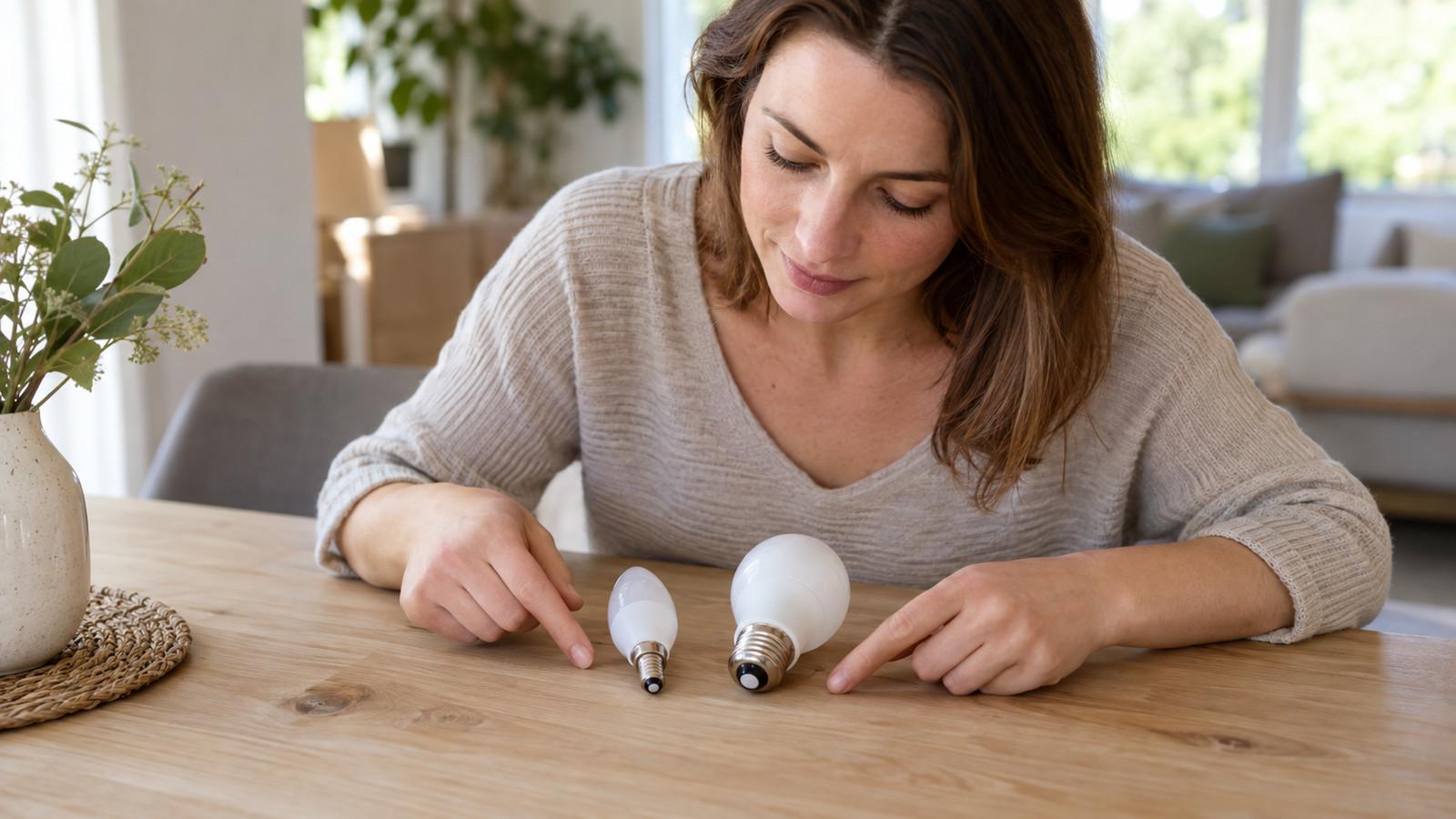Zwei LED-Lampen mit schmalem E14- und breitem E27-Metallgewinde liegen nebeneinander