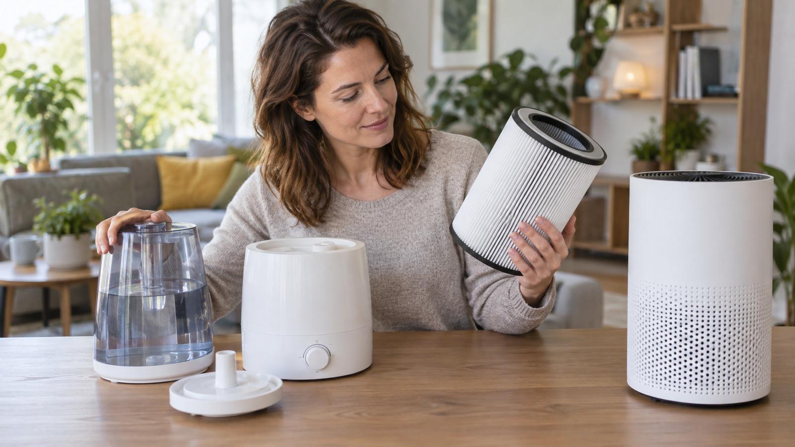 Person vergleicht Wassertank, Faltenfilter und Nebelauslass eines Befeuchters auf einem Tisch