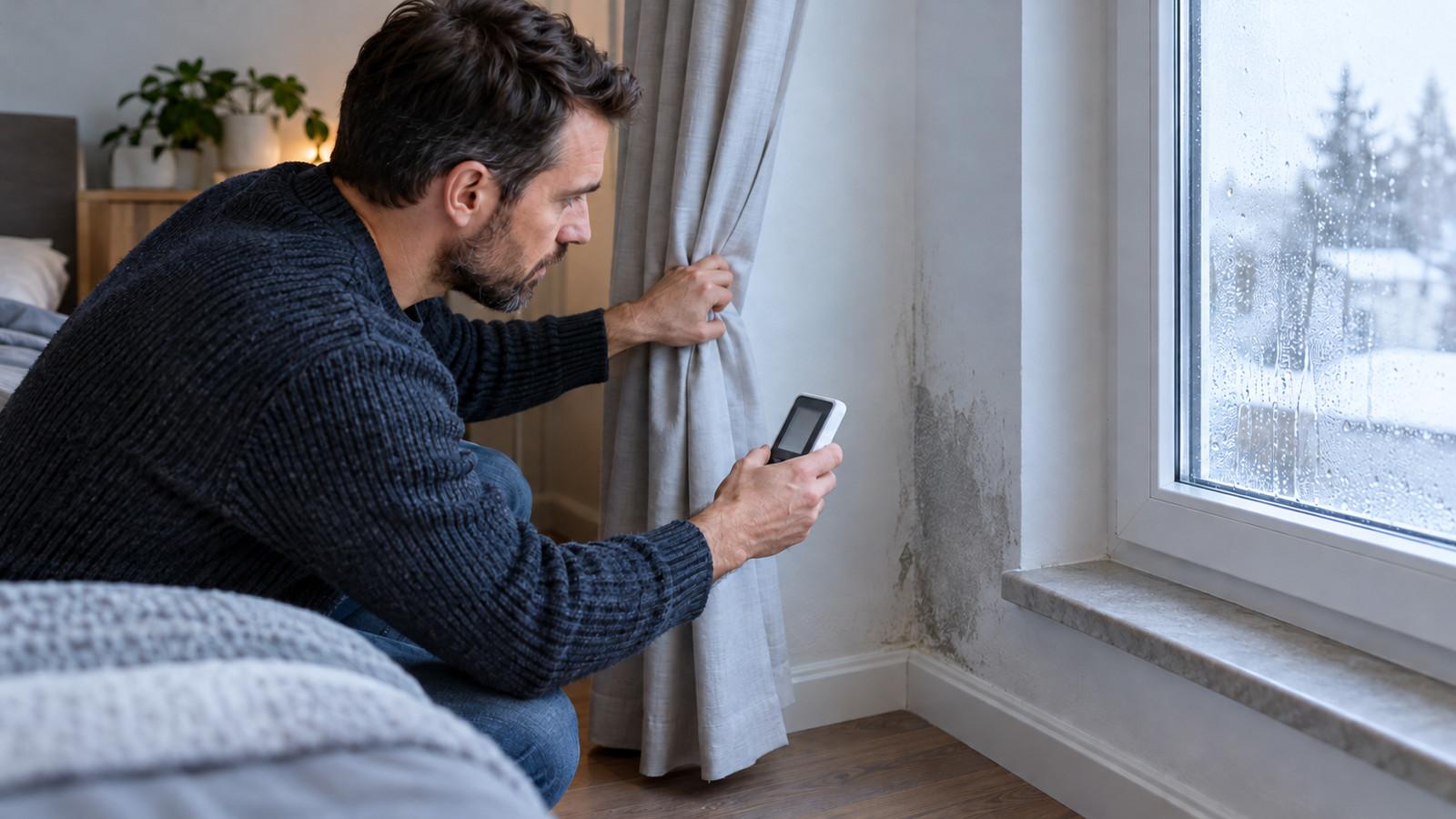 Hygrometer an der kalten Außenwand neben einem beschlagenen Winterfenster