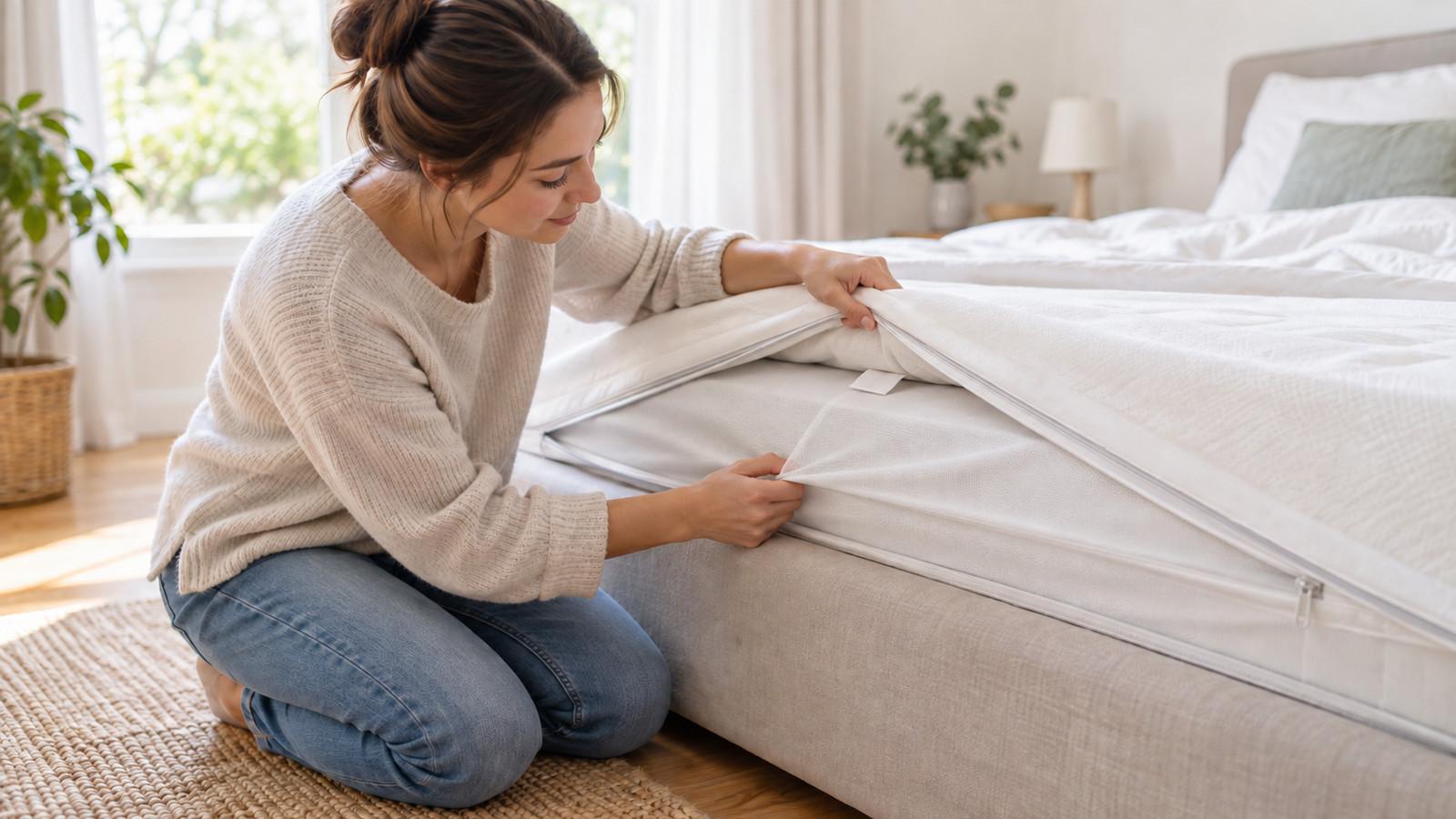 Matratze mit abziehbarem Bezug und Pflegeetikett im hellen Schlafzimmer