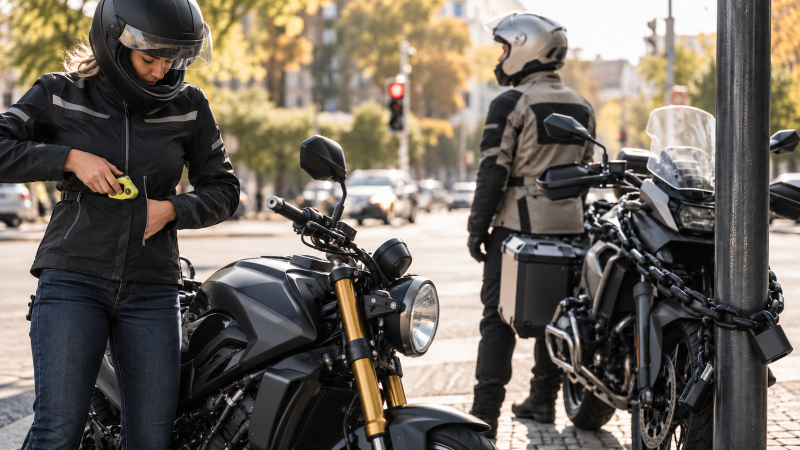 Motorrad mit Bremsscheibenschloss und Kettenschloss an einem Festpunkt