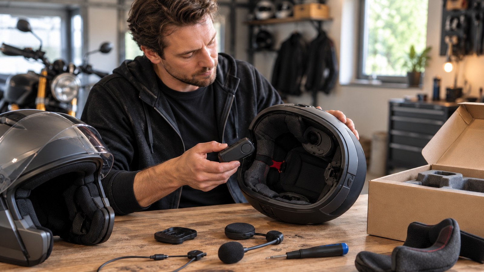 Offener Motorradhelm auf der Werkbank mit Lautsprecheraussparung und Klebehalter für ein Intercom