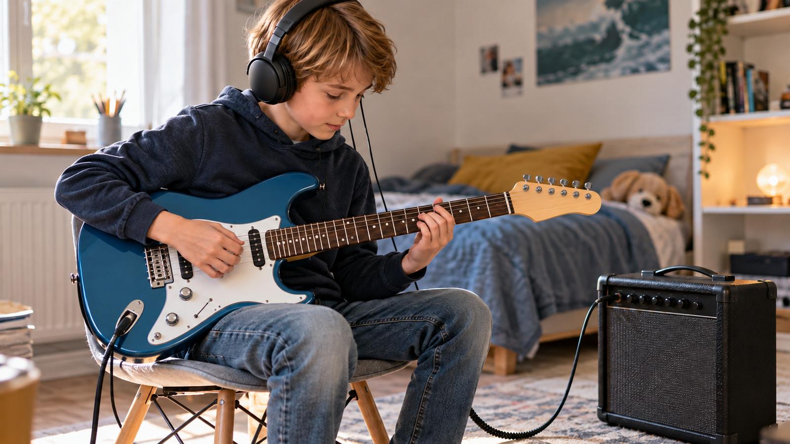 Kind übt E-Gitarre mit geschlossenen Kopfhörern am Mini-Verstärker