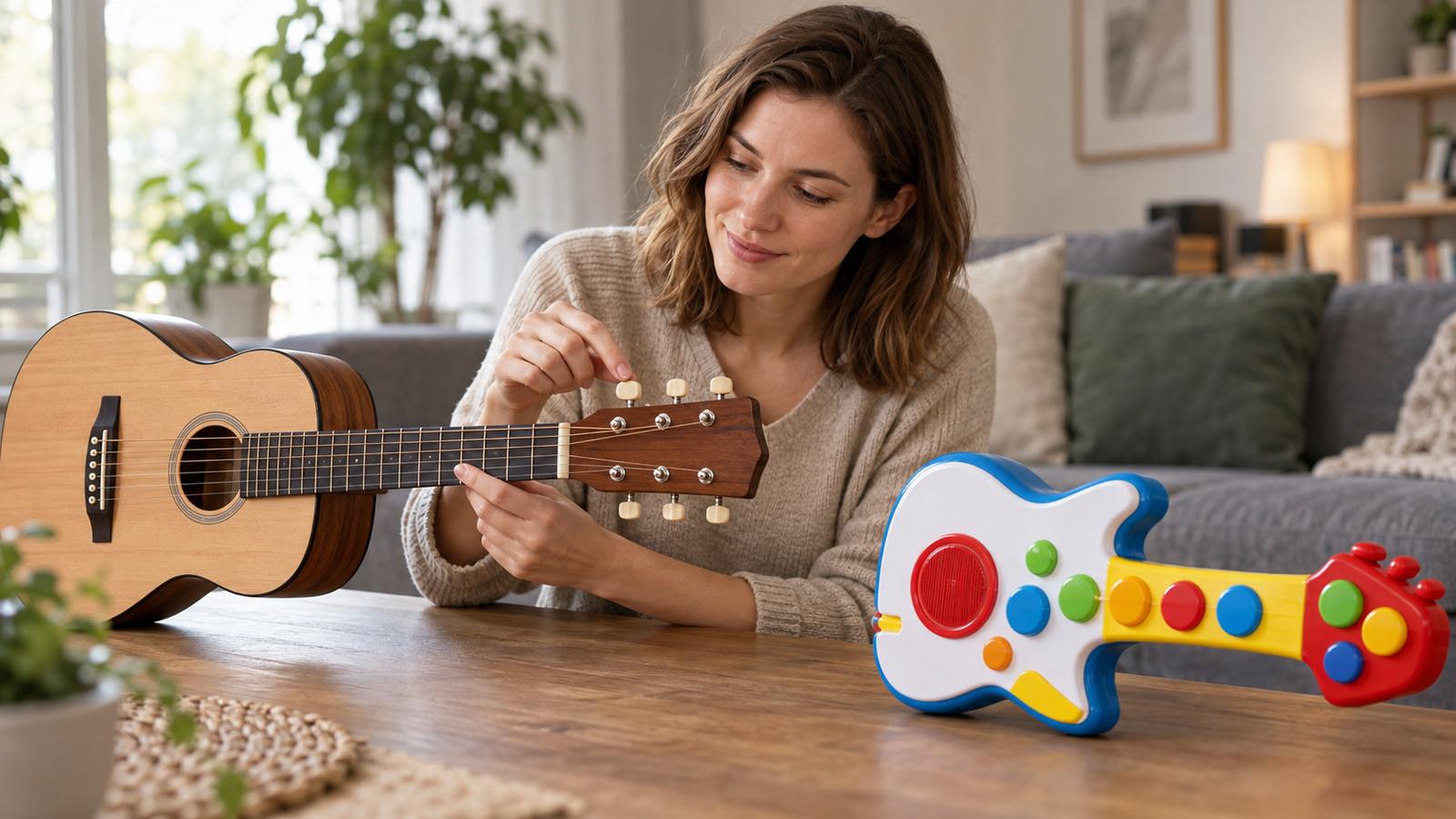 Kleine Holzgitarre mit Wirbeln neben einem bunten Spielzeuginstrument auf einem Wohnzimmertisch