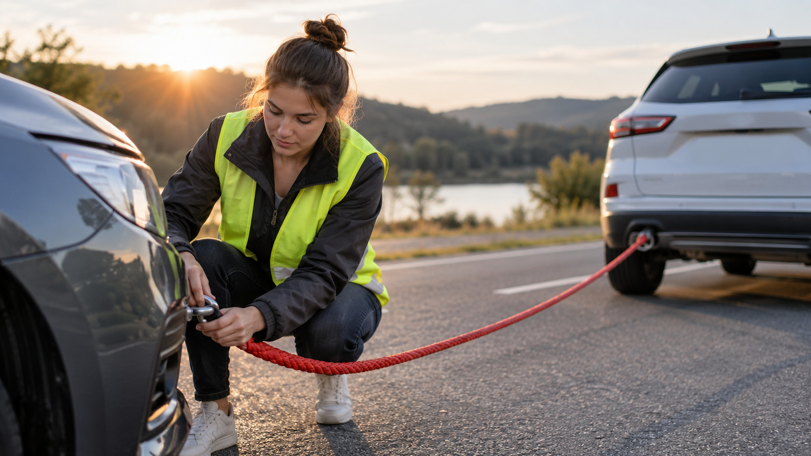 Zwei Autos beim sicheren Abschleppen mit einem Abschleppseil