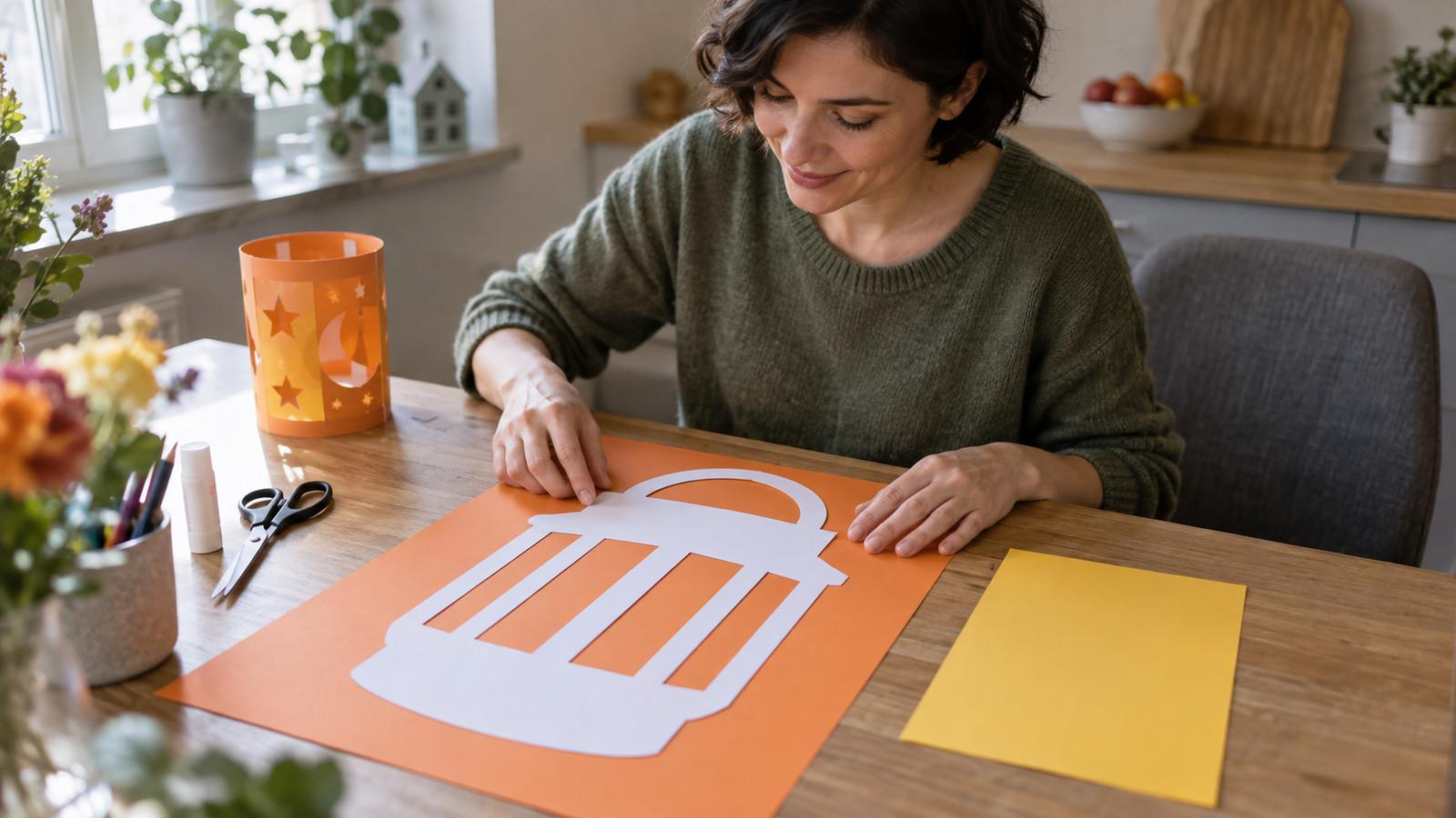 Person legt ein Laternenmotiv auf einen A3-Bogen und vergleicht ihn mit einem zu kurzen A4-Blatt