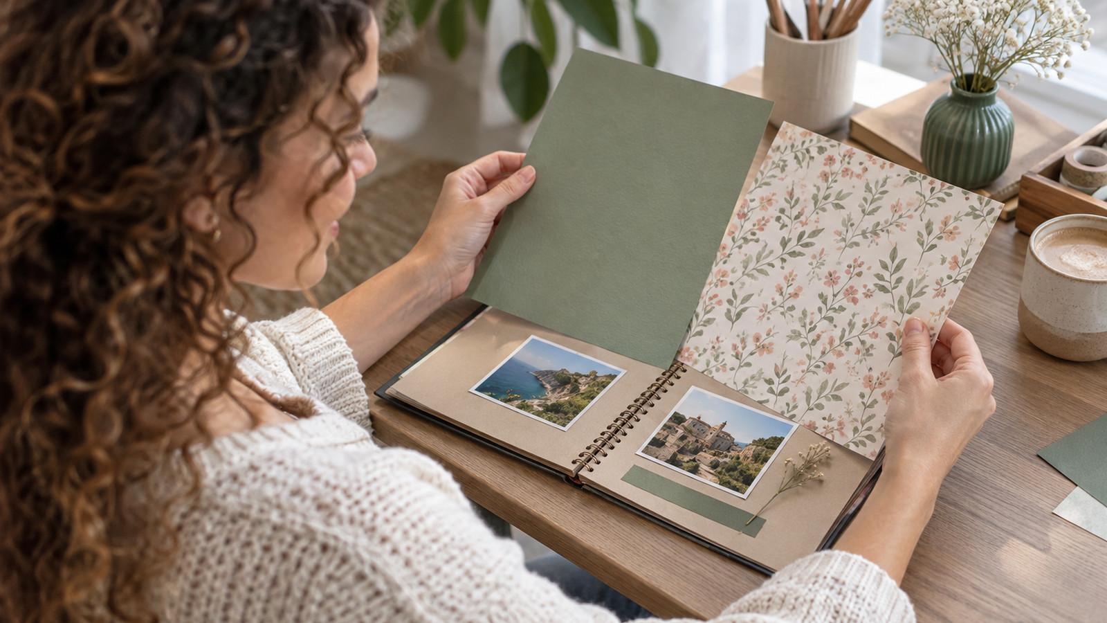 Unifarbenes Tonpapier neben einem gemusterten Scrapbook-Bogen, Schnittkanten sichtbar