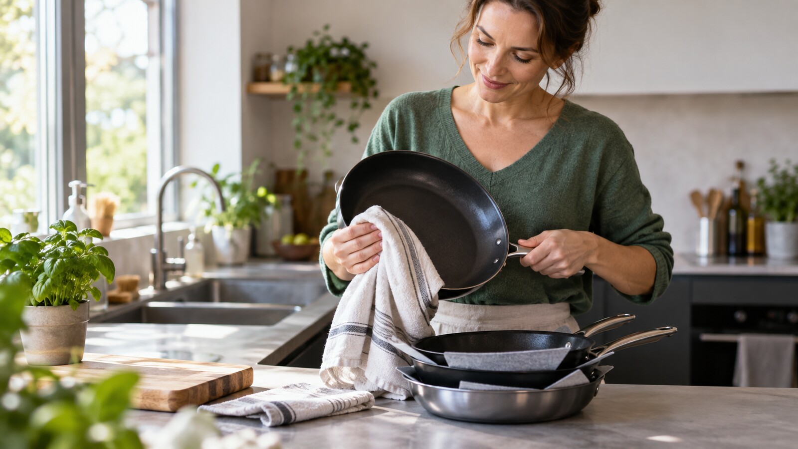 Pfannen werden von Hand gespült und mit Zwischenlage gestapelt