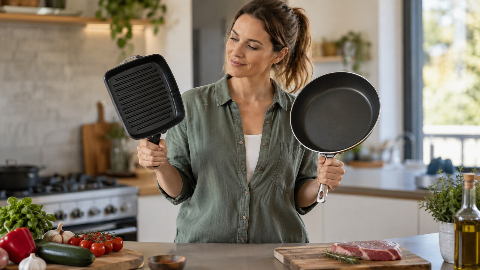 Grillpfanne, Paellapfanne und Omelettepfanne nebeneinander in der Küche