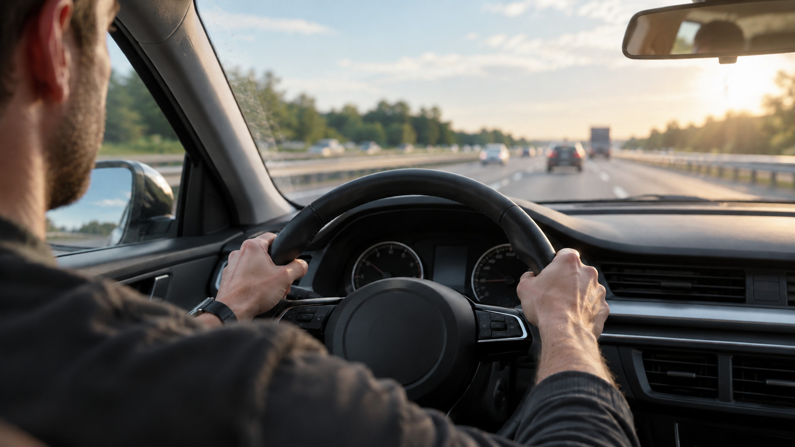 Lenkrad und Fahrerperspektive bei Autobahnfahrt mit Vibrationshinweis