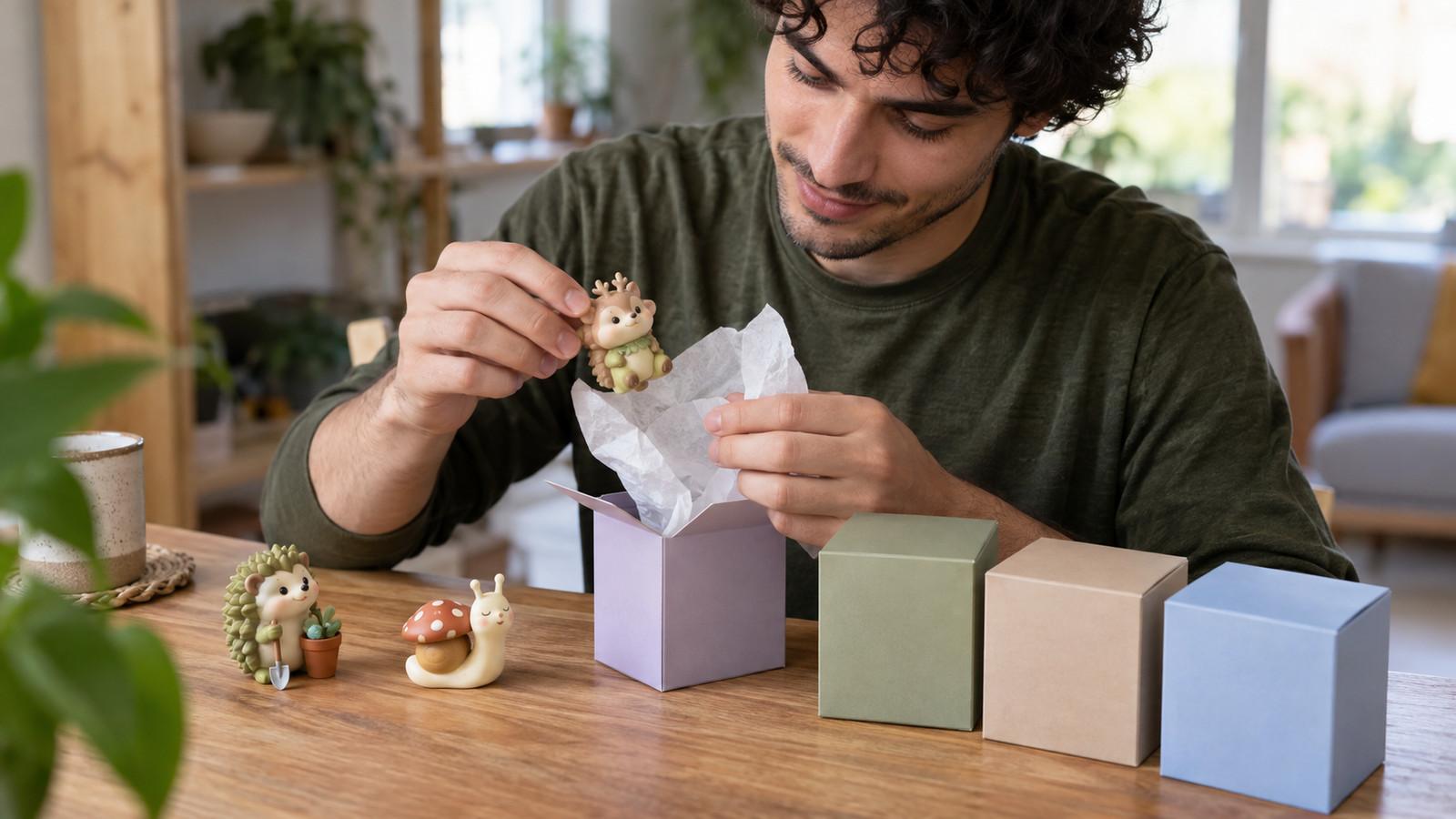 Mehrere verpackte Disney Blind Boxes neben kleinen Sammelfiguren