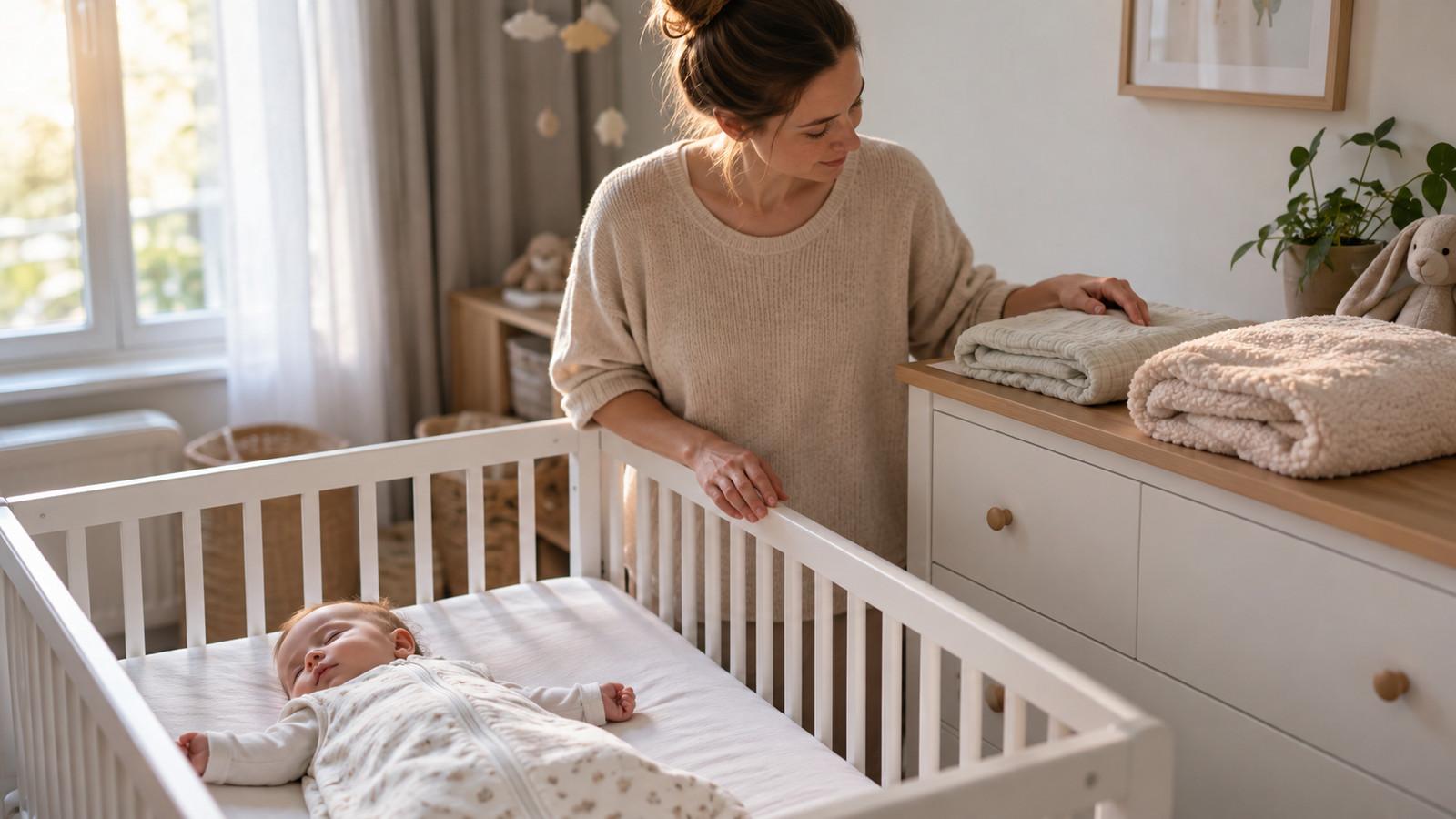 Baby im Schlafsack neben einer leichten Sommerdecke und einer warmen Winterdecke