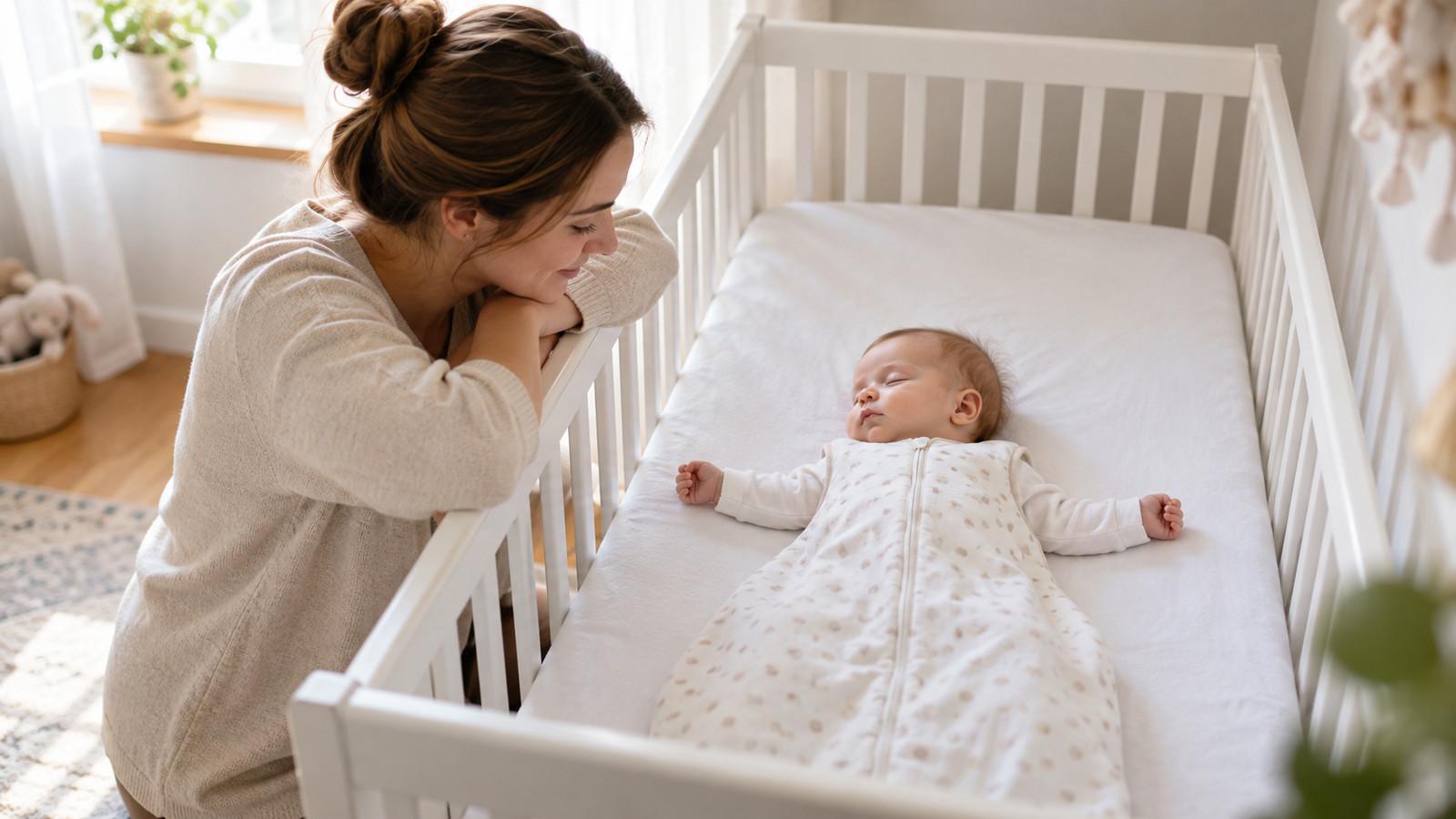 Baby schläft in einem leeren Bett auf einer festen Matratze