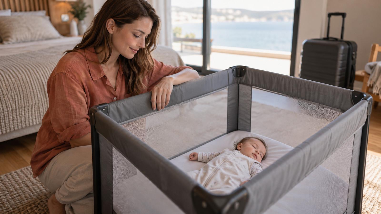 Schlafendes Baby in einem sicheren Reisebett