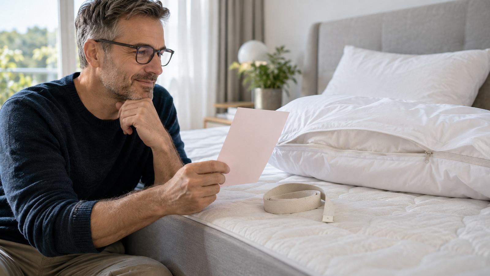 Verordnung und Maßband auf einer Matratze neben Kissen und Decke