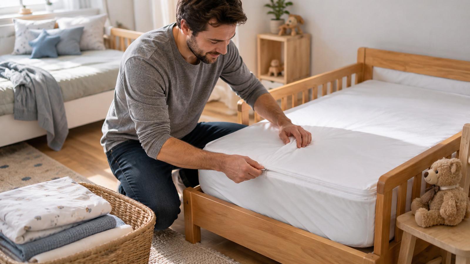Kinderbett ohne Nestchen, mit einem Kuscheltier und geschlossener Matratzenhülle