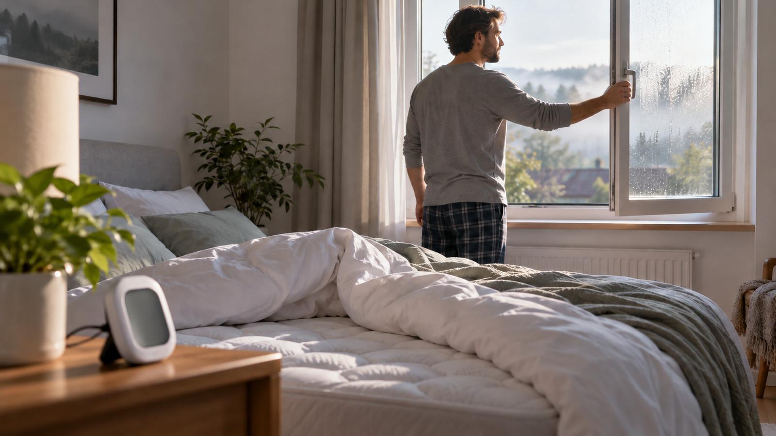 Aufgeschlagenes Bett am Morgen mit Hygrometer auf dem Nachttisch
